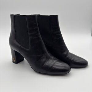 Saint Laurent Black Nappa Leather Ankle Boots Gold YSL 39 Block Heel Round Toe